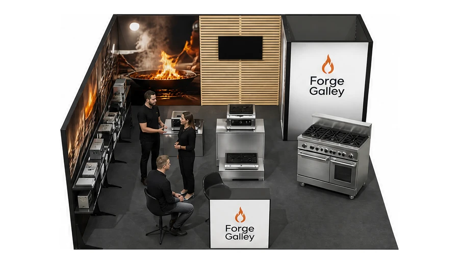 Stoisko 6 × 6 m narożne lewe dla branży wyposażenie gastronomii, przykładowa marka Forge Galley