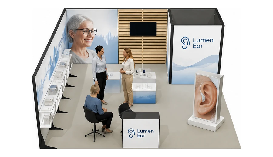 Stoisko 6 × 6 m narożne lewe dla branży optyka i audiologia, przykładowa marka Lumen Ear