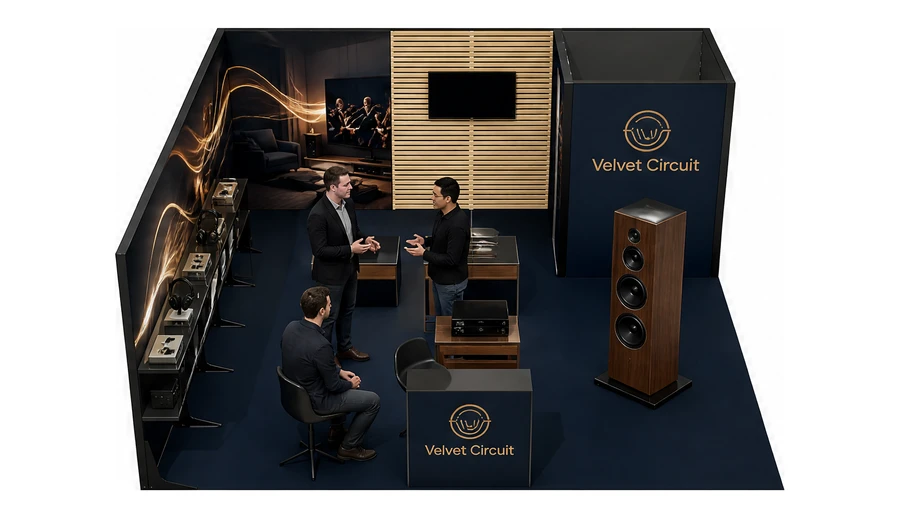 Stoisko 6 × 6 m narożne lewe dla branży sprzęt audio-video, przykładowa marka Velvet Circuit