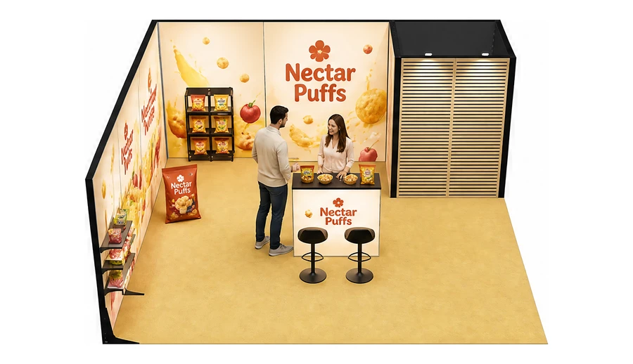 Stoisko 6 × 6 m narożne lewe dla branży słodycze i przekąski, przykładowa marka Nectar Puffs