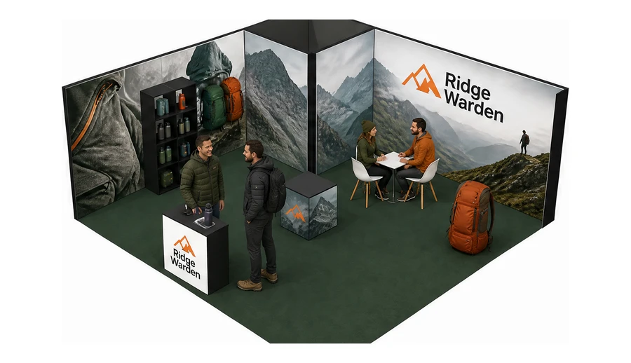 Stoisko 6 × 6 m narożne lewe dla branży odzież i sprzęt outdoorowy, przykładowa marka Ridge Warden