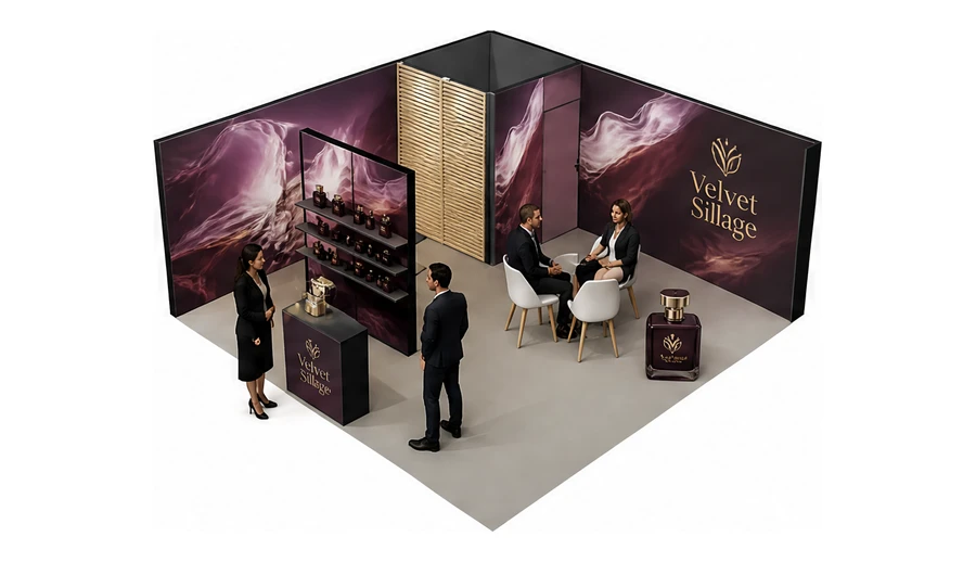 Stoisko 6 × 6 m narożne lewe dla branży perfumy, przykładowa marka Velvet Sillage