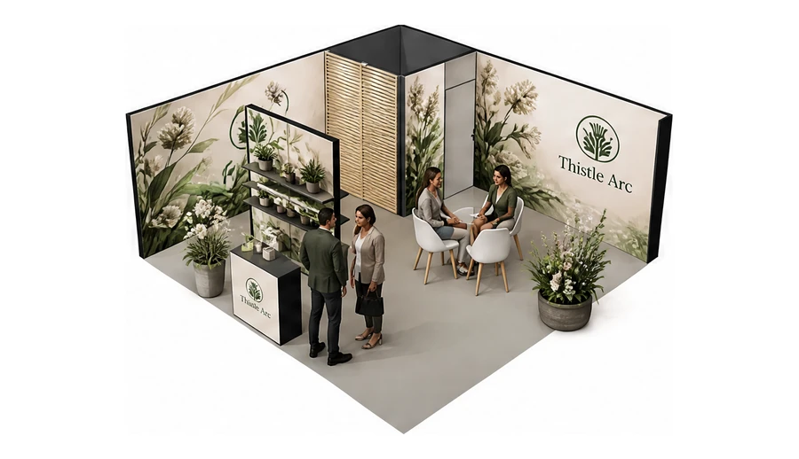 Stoisko 6 × 6 m narożne lewe dla branży rośliny i kwiaciarstwo, przykładowa marka Thistle Arc