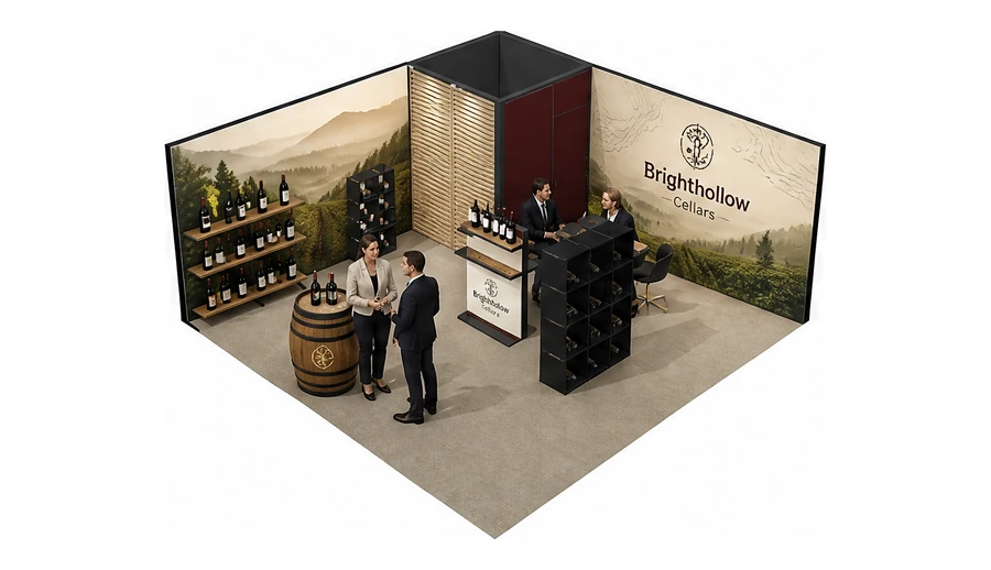 Stoisko 6 × 6 m narożne lewe dla branży winnica, przykładowa marka Brighthollow Cellars