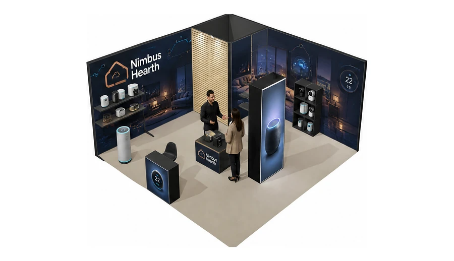 Stoisko 6 × 6 m narożne lewe dla branży smart home i IoT, przykładowa marka Nimbus Hearth
