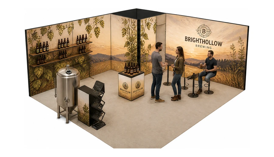 Stoisko 6 × 6 m narożne lewe dla branży browar rzemieślniczy, przykładowa marka Brighthollow Brewing