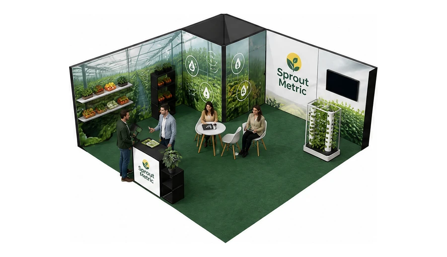 Stoisko 6 × 6 m narożne lewe dla branży sadownictwo i warzywnictwo, przykładowa marka Sprout Metric