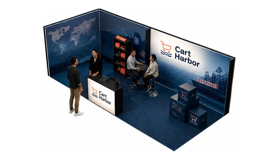 Stoisko 8 × 3 m narożne lewe dla branży e-commerce, przykładowa marka Cart Harbor