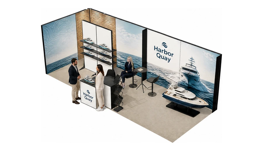 Stoisko 8 × 3 m narożne lewe dla branży jachty i łodzie, przykładowa marka Harbor Quay