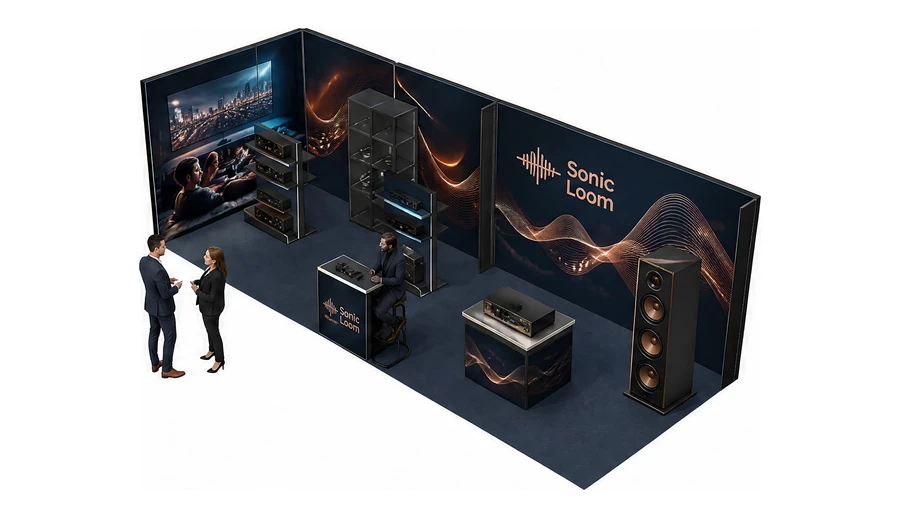 Stoisko 8 × 3 m narożne lewe dla branży sprzęt audio-video, przykładowa marka Sonic Loom