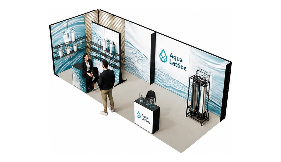 Stoisko 8 × 3 m narożne lewe dla branży technologie wodne, przykładowa marka Aqua Lattice