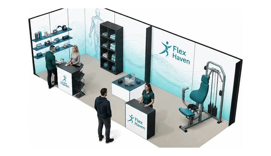 Stoisko 8 × 3 m narożne lewe dla branży rehabilitacja i fizjoterapia, przykładowa marka Flex Haven