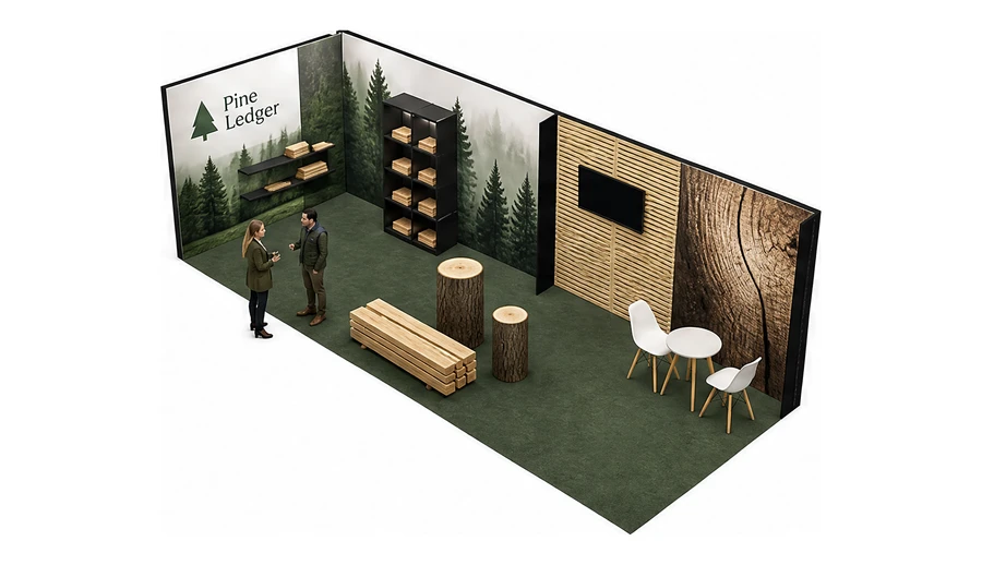 Stoisko 8 × 3 m narożne lewe dla branży leśnictwo i przemysł drzewny, przykładowa marka Pine Ledger