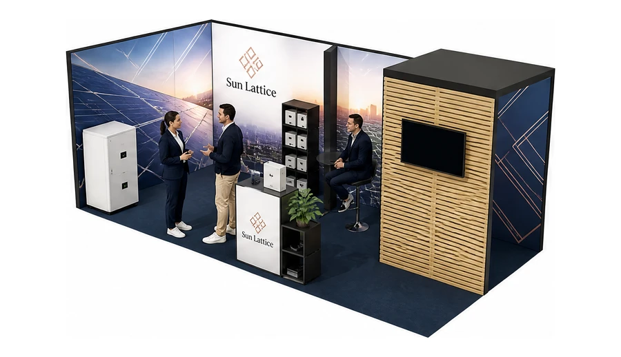Stoisko 8 × 3 m narożne lewe dla branży fotowoltaika, przykładowa marka Sun Lattice