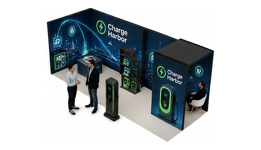 Stoisko 8 × 3 m narożne lewe dla branży elektromobilność i ładowarki, przykładowa marka Charge Harbor