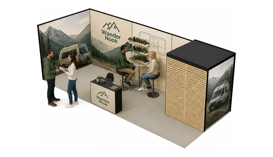 Stoisko 8 × 3 m narożne lewe dla branży caravaning i kampery, przykładowa marka Wander Nook