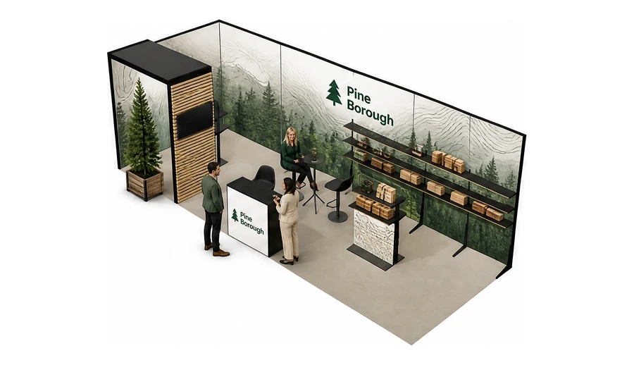 Stoisko 8 × 3 m narożne lewe dla branży leśnictwo i przemysł drzewny, przykładowa marka Pine Borough