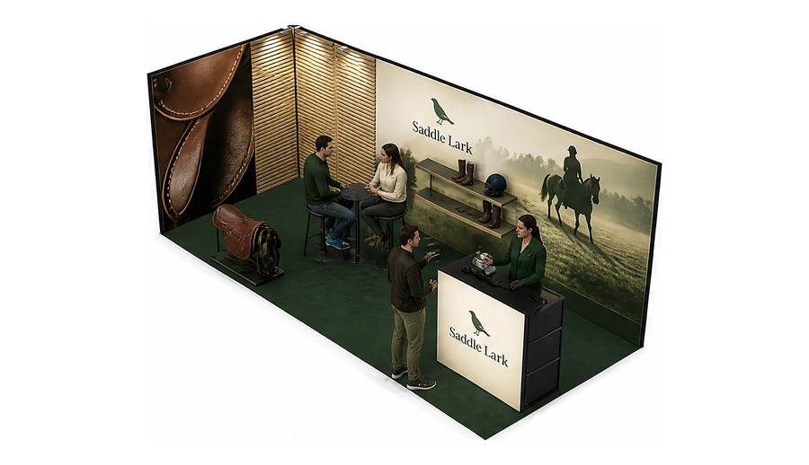 Stoisko 8 × 3 m narożne lewe dla branży jeździectwo, przykładowa marka Saddle Lark