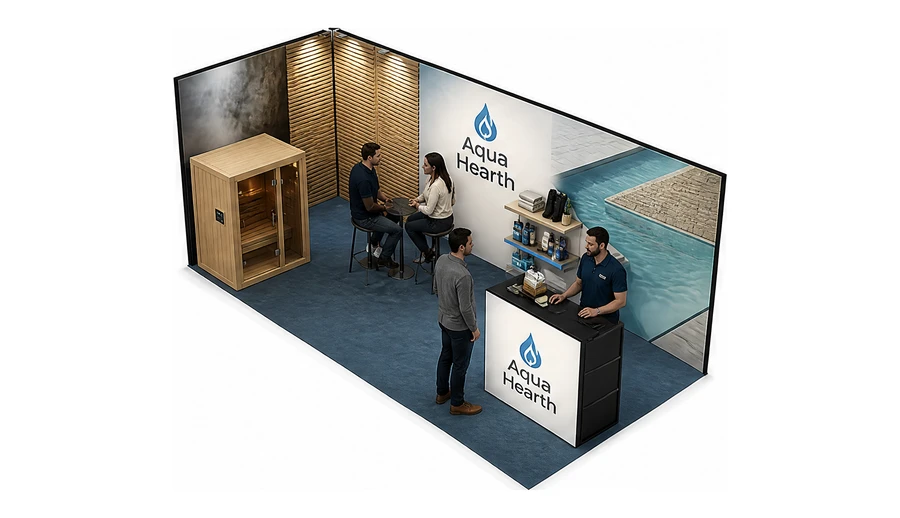 Stoisko 8 × 3 m narożne lewe dla branży baseny i sauny, przykładowa marka Aqua Hearth