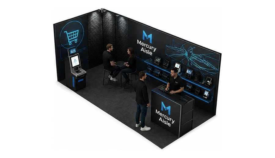 Stoisko 8 × 3 m narożne lewe dla branży technologie dla handlu, przykładowa marka Mercury Aisle