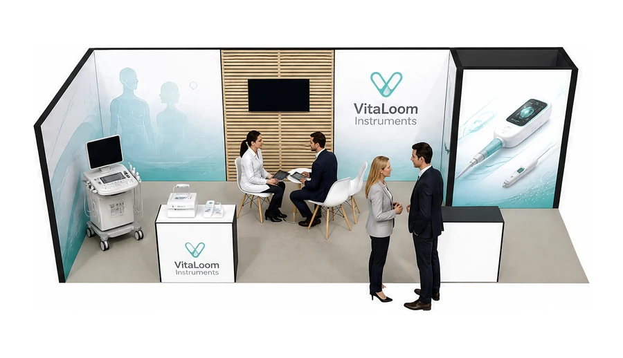 Stoisko 8 × 3 m narożne lewe dla branży sprzęt medyczny, przykładowa marka VitaLoom Instruments