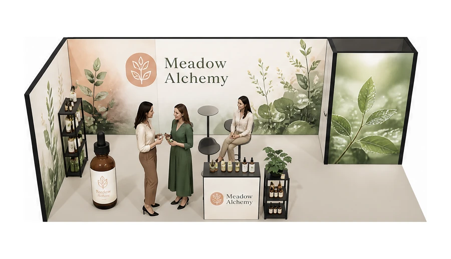 Stoisko 8 × 3 m narożne lewe dla branży kosmetyki naturalne, przykładowa marka Meadow Alchemy