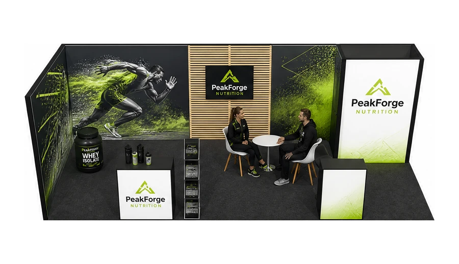 Stoisko 8 × 3 m narożne lewe dla branży suplementy diety, przykładowa marka PeakForge Nutrition