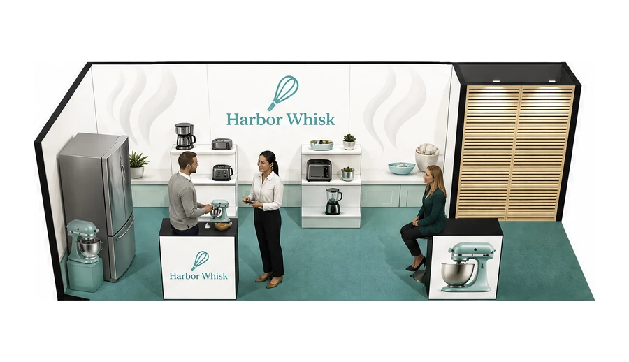 Stoisko 8 × 3 m narożne lewe dla branży sprzęt kuchenny i AGD, przykładowa marka Harbor Whisk