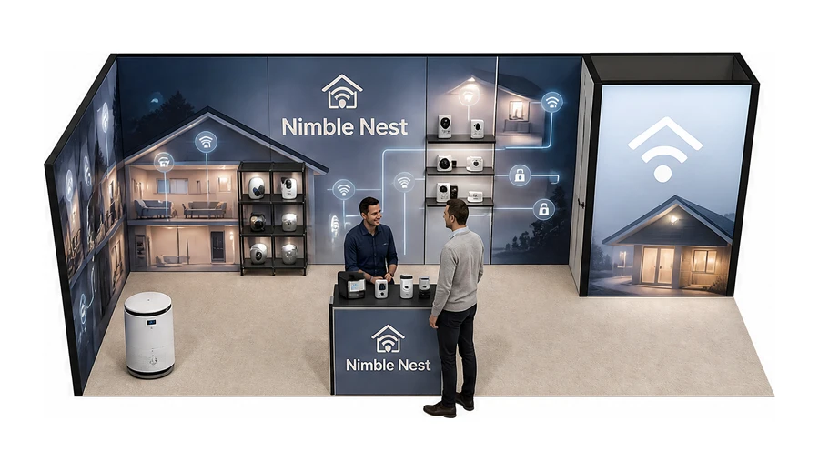 Stoisko 8 × 3 m narożne lewe dla branży smart home i IoT, przykładowa marka Nimble Nest