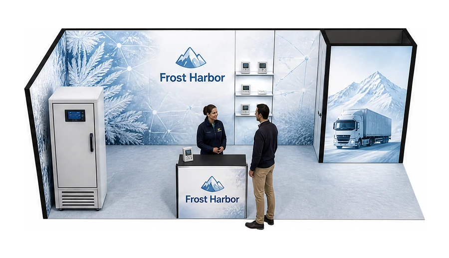 Stoisko 8 × 3 m narożne lewe dla branży łańcuch chłodniczy, przykładowa marka Frost Harbor