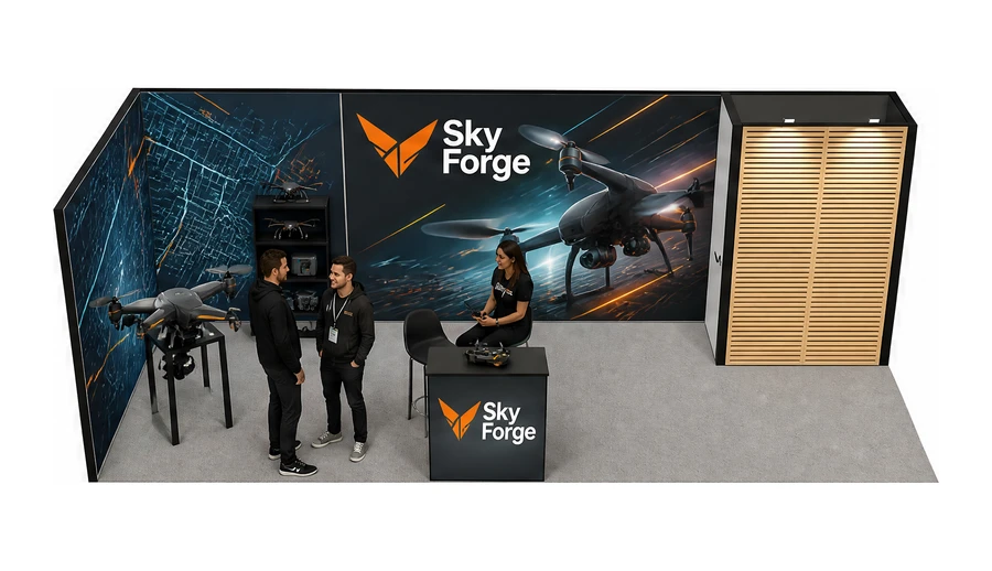 Stoisko 8 × 3 m narożne lewe dla branży drony i robotyka, przykładowa marka Sky Forge
