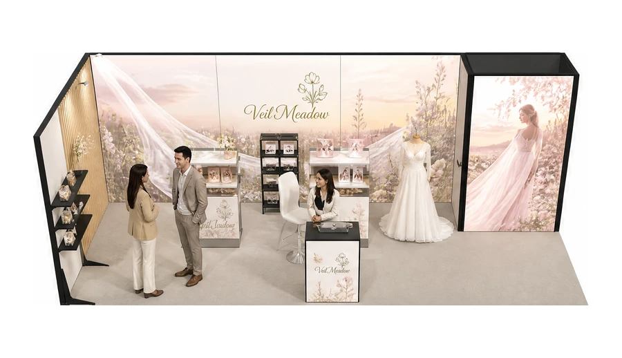 Stoisko 8 × 3 m narożne lewe dla branży branża ślubna, przykładowa marka Veil Meadow