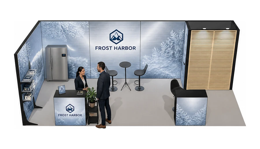 Stoisko 8 × 3 m narożne lewe dla branży łańcuch chłodniczy, przykładowa marka Frost Harbor