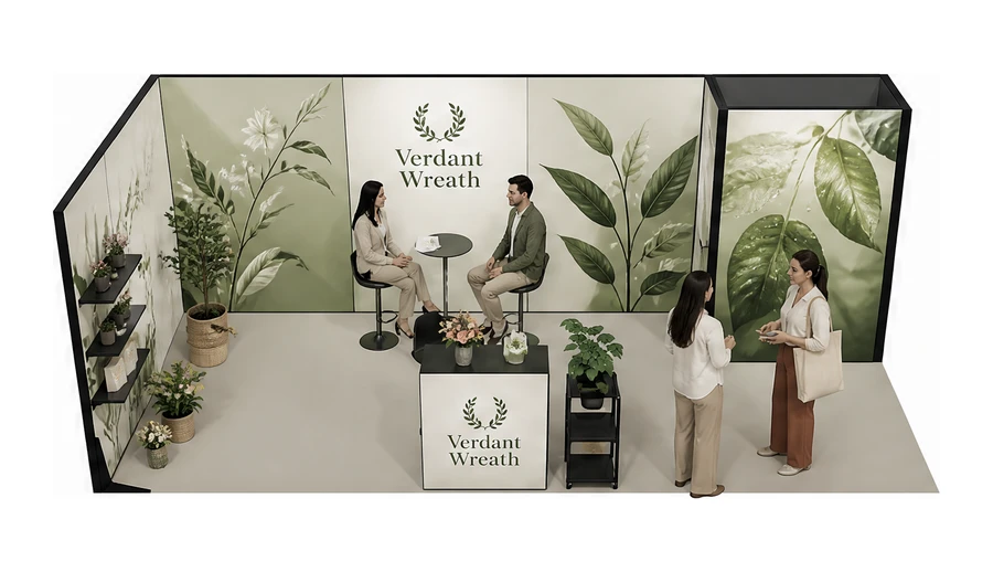 Stoisko 8 × 3 m narożne lewe dla branży rośliny i kwiaciarstwo, przykładowa marka Verdant Wreath