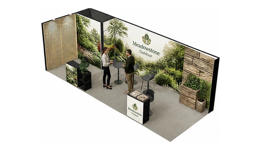 Stoisko 8 × 3 m narożne lewe dla branży ogród i architektura krajobrazu, przykładowa marka Meadowstone Outdoor
