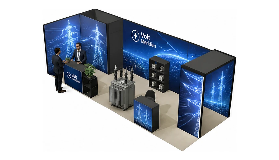 Stoisko 8 × 3 m narożne lewe dla branży energetyka i sieci, przykładowa marka Volt Meridian