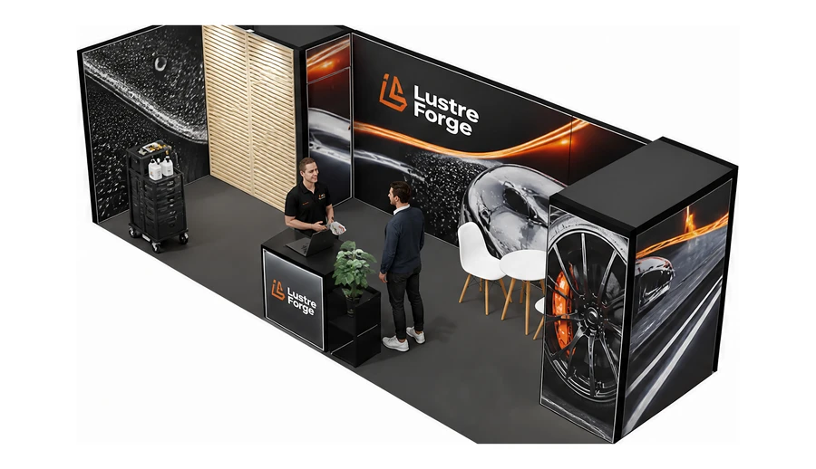 Stoisko 8 × 3 m narożne lewe dla branży tuning i detailing, przykładowa marka Lustre Forge