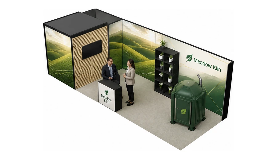 Stoisko 8 × 3 m narożne lewe dla branży biogaz i OZE, przykładowa marka Meadow Kiln