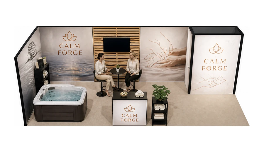 Stoisko 8 × 3 m narożne lewe dla branży spa i wellness, przykładowa marka Calm Forge