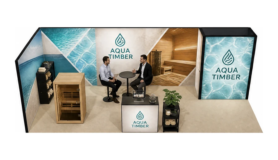 Stoisko 8 × 3 m narożne lewe dla branży baseny i sauny, przykładowa marka Aqua Timber