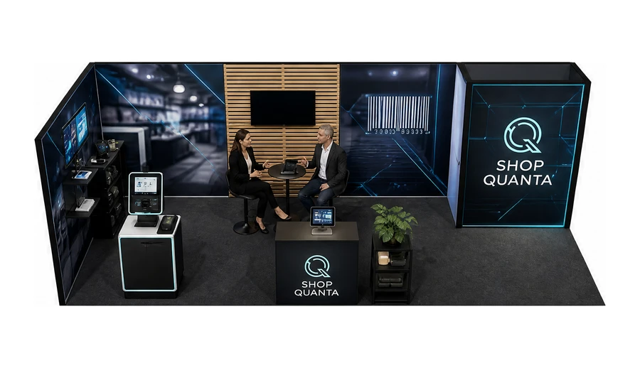 Stoisko 8 × 3 m narożne lewe dla branży technologie dla handlu, przykładowa marka Shop Quanta