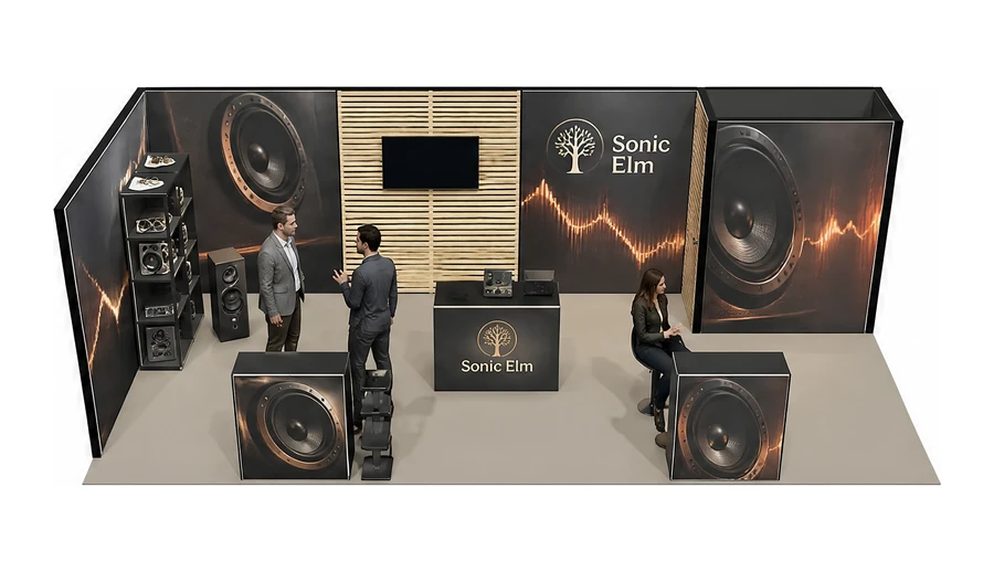 Stoisko 8 × 3 m narożne lewe dla branży sprzęt audio-video, przykładowa marka Sonic Elm