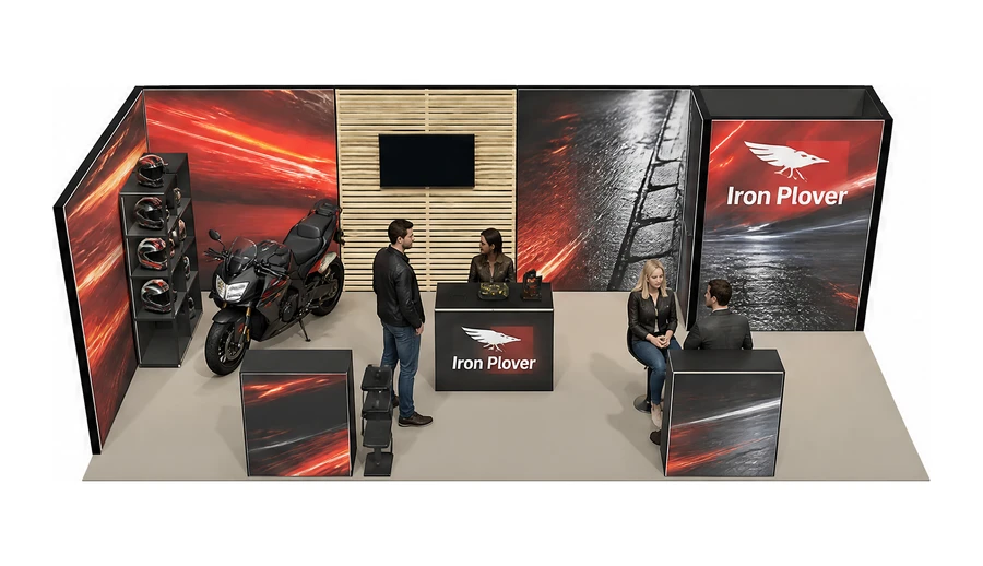 Stoisko 8 × 3 m narożne lewe dla branży motocykle i skutery, przykładowa marka Iron Plover