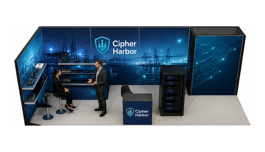 Stoisko 8 × 3 m narożne lewe dla branży cyberbezpieczeństwo, przykładowa marka Cipher Harbor