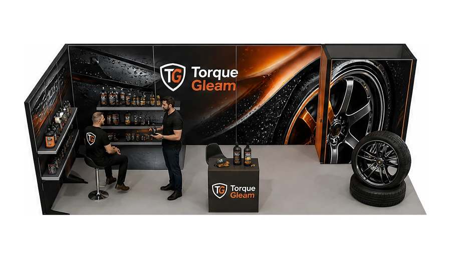 Stoisko 8 × 3 m narożne lewe dla branży tuning i detailing, przykładowa marka Torque Gleam