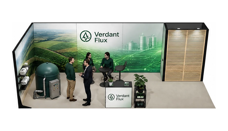 Stoisko 8 × 3 m narożne lewe dla branży biogaz i OZE, przykładowa marka Verdant Flux
