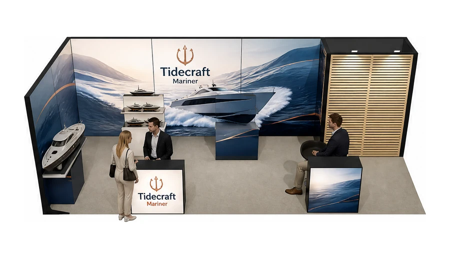 Stoisko 8 × 3 m narożne lewe dla branży jachty i łodzie, przykładowa marka Tidecraft Mariner