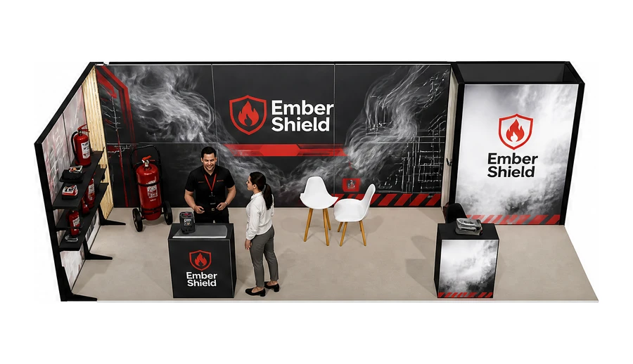 Stoisko 8 × 3 m narożne lewe dla branży ochrona przeciwpożarowa, przykładowa marka Ember Shield