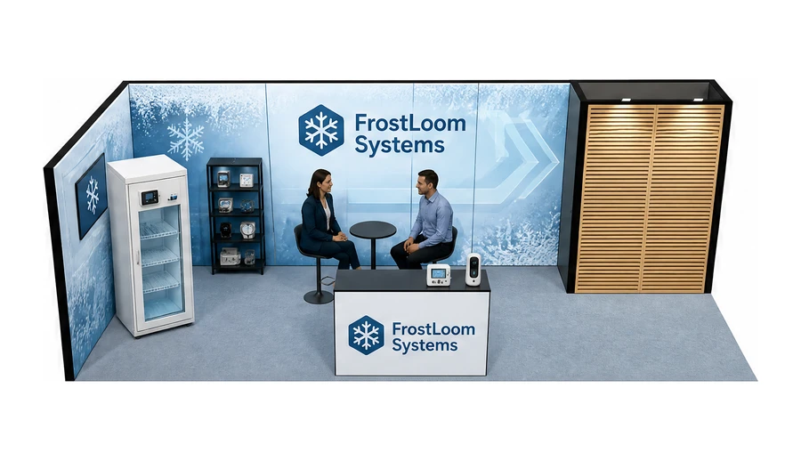 Stoisko 8 × 3 m narożne lewe dla branży łańcuch chłodniczy, przykładowa marka FrostLoom Systems