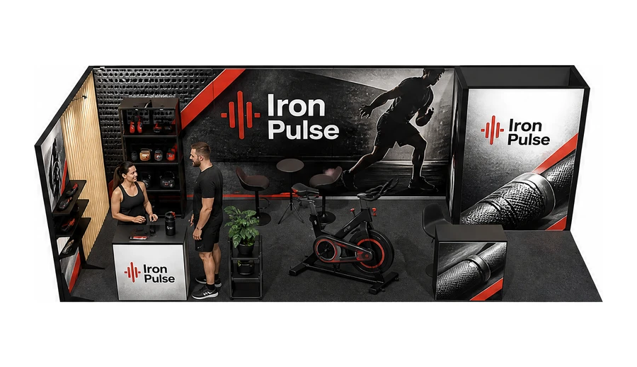 Stoisko 8 × 3 m narożne lewe dla branży fitness i siłownie, przykładowa marka Iron Pulse